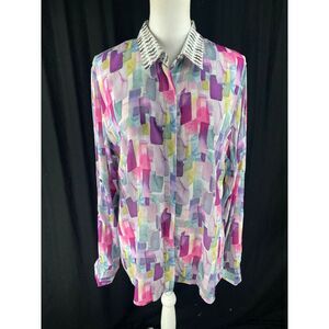 APNY Apparel Womens M Art to Wear Contrast Mustache Print Blouse‎ Thin